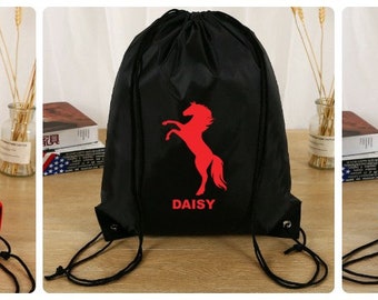 Drawstring Bag Personalised Name School Club PE Custom Name Childrens Sports Shoe Bag Kids Backpack Football Bag Gym Dance Swim Horse UK