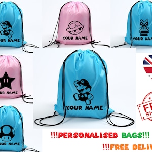 May include: Six drawstring bags with different designs featuring characters from the Super Mario Bros. video game franchise. The bags are available in blue, pink, and light blue colours. The text "YOUR NAME" is printed on each bag. The bags are advertised as personalised and free delivery is offered.
