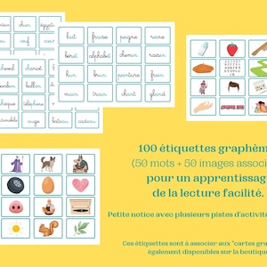 Graphèmes Montessori 100 cartes étiquettes mots et illustrations apprentissage lecture sons écriture syllabes