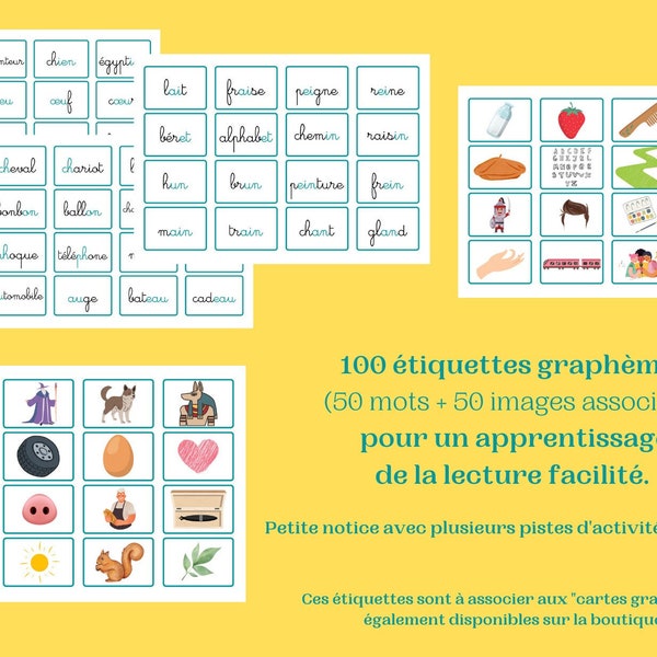 Graphèmes Montessori 100 cartes étiquettes mots et illustrations apprentissage lecture sons écriture syllabes