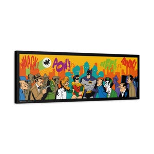 May include: A framed comic book art print depicting Batman, Robin, and several villains in a retro style. The artwork uses bold colours and action words such as "WHACK" and "POW!" The background is a cityscape with a yellow and orange gradient.