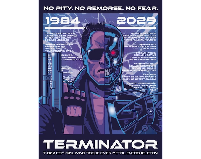 Poster premium Terminator. Illustration exclusive de l'unité d'infiltration Terminator T-800 - Un must-have pour les fans de science-fiction ! - Sélectionnez votre taille !