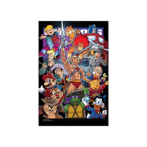 May include: A colorful illustration featuring a group of popular cartoon characters, including Garfield, He-Man, Teenage Mutant Ninja Turtles, and Donald Duck. The characters are arranged in a dynamic composition, with some standing, some sitting, and some flying. The background is a black and purple gradient.