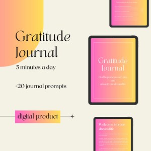 Könnte beinhalten: Ein digitales Produkt-Mockup für ein Dankbarkeits-Tagebuch. Das Bild zeigt einen rosa-gelben Farbverlaufshintergrund mit dem Text "Gratitude Journal" in schwarzer Serifenschrift. Der Text "5 Minuten pro Tag" und "+20 Tagebuch-Anregungen" sind ebenfalls enthalten. Das Tagebuch wird als digitales Produkt beschrieben.