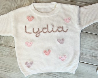 Hand Embroidered Name Sweaters for Babies and Kids (Name and All Over Design-Thin Yarn)