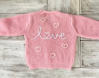 Hand embroidered personalized Valentines Day sweaters and cardigans for babies and kids