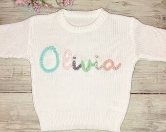 Hand Embroidered Name Sweaters for Babies and Kids (Multi-Color Chunky Yarn)