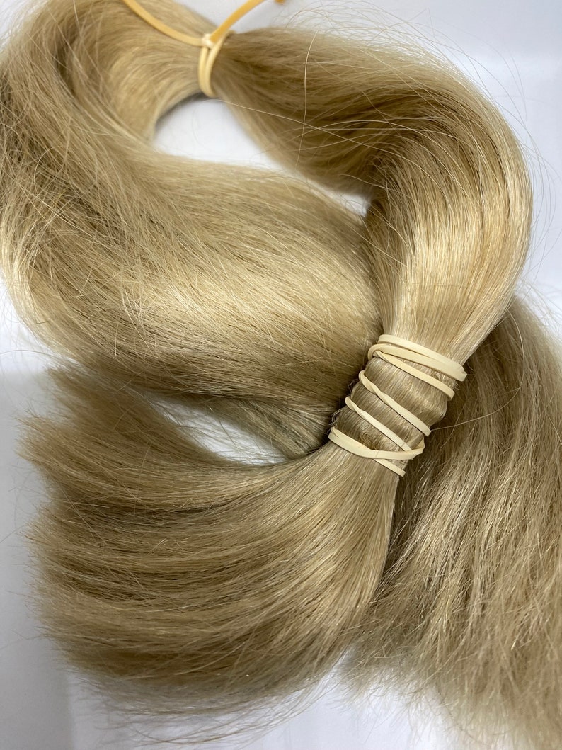 May include: Two bundles of light blonde hair extensions, secured with beige rubber bands. The hair is a natural, wavy texture, and the color is a warm, neutral blonde. The bundles are arranged in a slightly overlapping pattern.