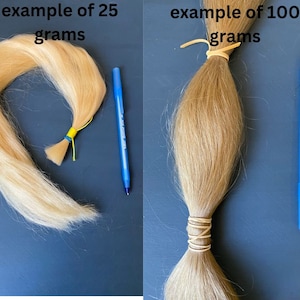 May include: Two bundles of blonde hair, one labeled "example of 25 grams" and the other "example of 100 grams." Each bundle is secured with rubber bands. A blue pen is next to each bundle for size comparison. The background is a solid dark blue.