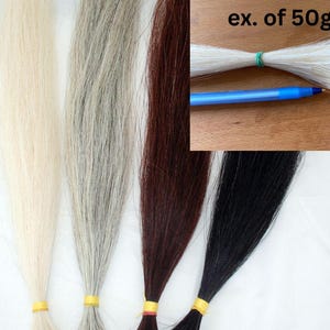 May include: Bundles of horsehair in various colors, including cream, gray, brown, and black, secured with yellow and green rubber bands. An example of 50g of white horsehair is shown with a blue pen for scale.