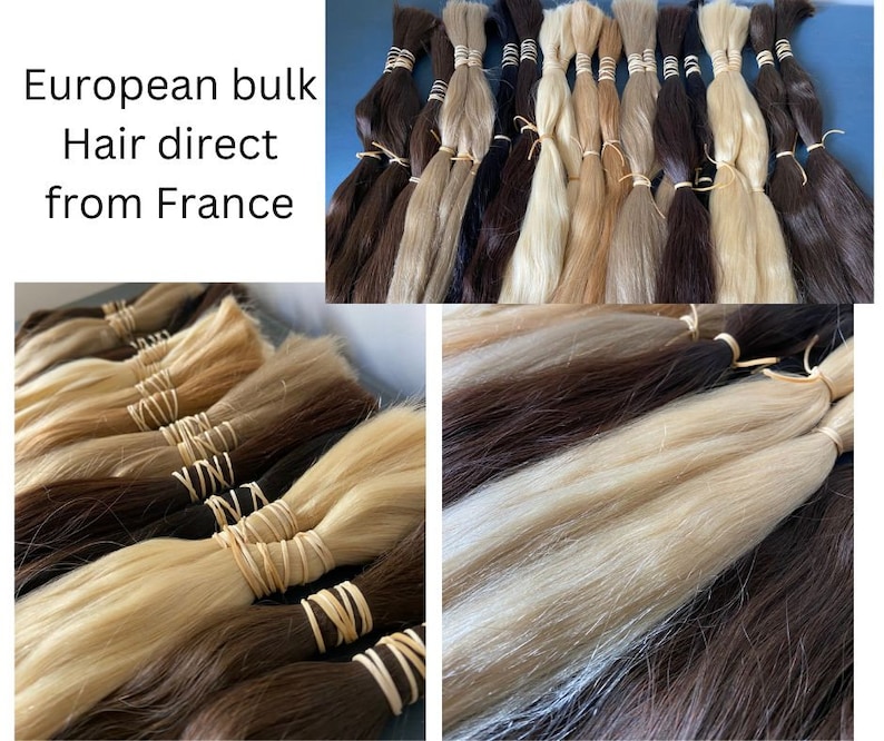 May include: Bundles of European hair in various shades of brown, blonde, and black, secured with rubber bands. The image includes text that reads "European bulk Hair direct from France."
