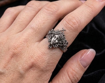 Anillo Medusa de plata 925, anillo de sello gótico para motociclistas