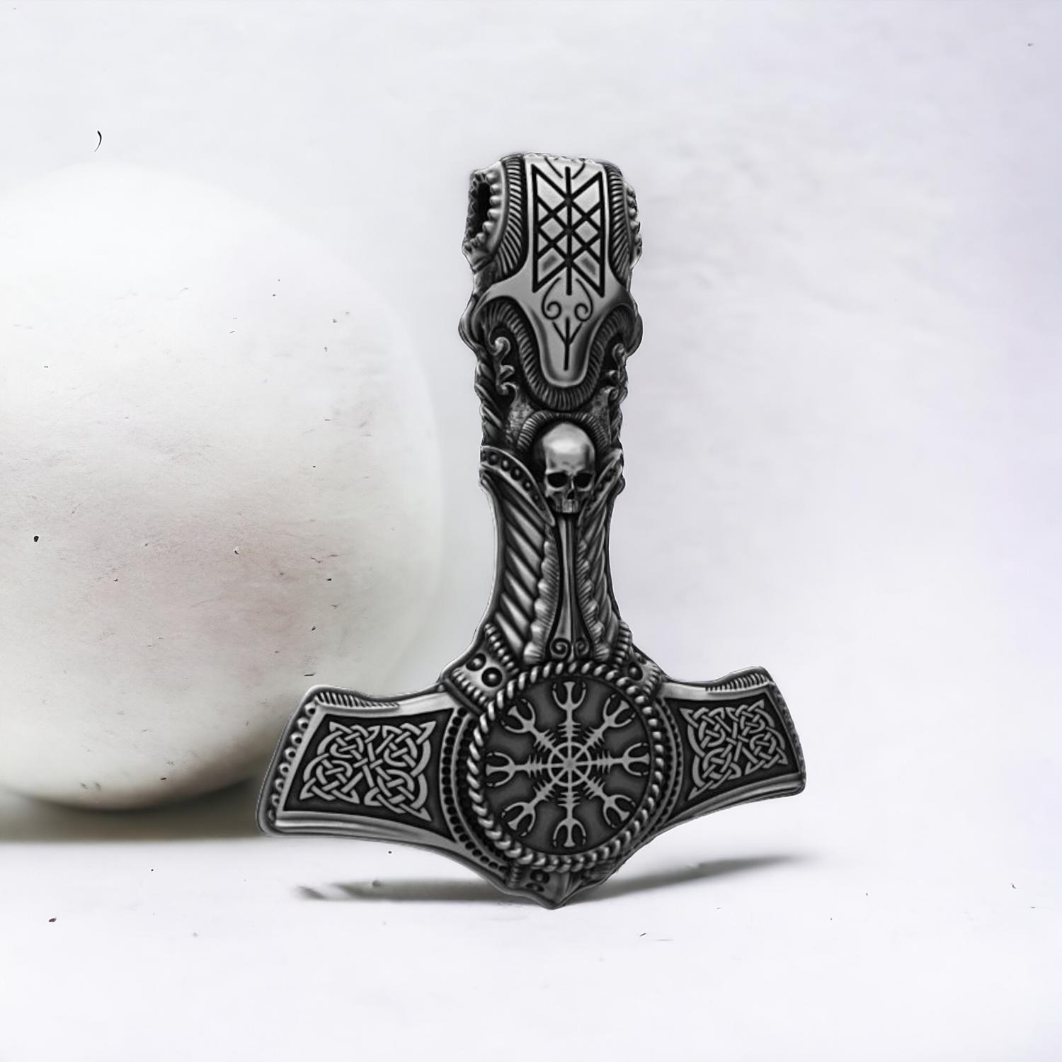 Black Oxidised Silver Double-Sided Viking  Hammer Pendant, Skull Mjolnir Pendant Jewelry For Men and Women,Helm of Awe Mjolnir Pendant,