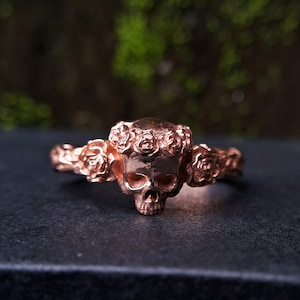 Skull Wedding Ring with Roses,Solid 925 Silver Flower Skull Band Ring, Men Gothic Ring, Ornament Men Band Ring, Unique Punk Engagement Ring