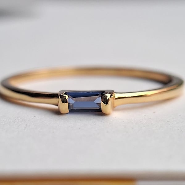 Natural Baguette Sapphire Stacking Ring, Gold Filled Sapphire Ring, 925 Silver Handmade Sapphire Thin Ring, Minimalist Womens Gift Jewelry