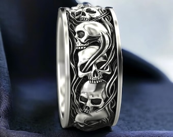 Anello con teschio e fumo in un cerchio, fede nuziale, anello da uomo in argento sterling 925, anello da motociclista, anello con teschio, anello di fidanzamento, regalo di anniversario