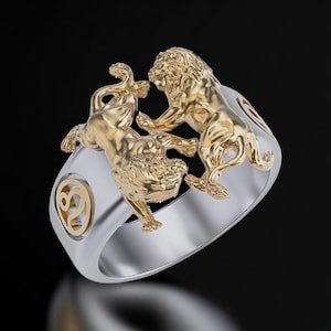 925 Silver Two Lion Ring: Two-Tone 14k Gold Finish, Handmade Lion Signet Jewelry