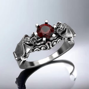Bat Engagement Ring Solid 925 Silver Gothic Wedding Jewelry,Natural Garnet Two Bat Wing Goth Ring,Men&#39;s and Women&#39;s Alternative Bridal Ring