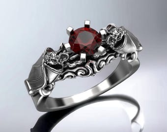 Anello di fidanzamento gotico a forma di pipistrello, argento 925, granato naturale, stile nuziale alternativo