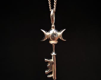 925 Silver Hecate Key Pendant Necklace: Triple Moon Goddess Jewelry
