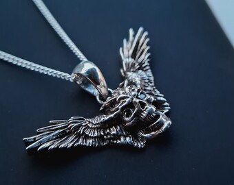 Winged Skull 925 Silver Pendant: Gothic Biker Necklace