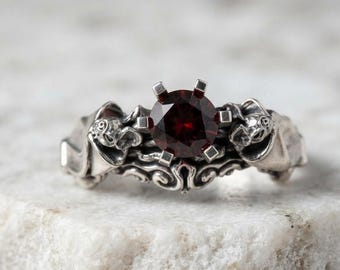 Bat Engagement Ring Solid 925 Silver Gothic Wedding Jewelry,Natural Garnet Two Bat Wing Goth Ring,Men's and Women's Alternative Bridal Ring