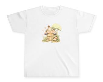 Maglietta per ragazzi con illustrazione di una casetta a forma di fungo / Maglietta per bambini con tema giardino delle fate e bosco