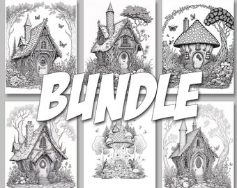 Coloring Poster Fairy Cottage Bundle | Adult Coloring Page | Party activity