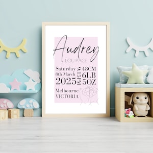 Tabella delle statistiche di nascita con mani che tengono i piedi del bambino • Stampa del nome con linea femminile • Regalo personalizzato per neonati • Poster digitale per neonati • Arte per la cameretta dei bambini