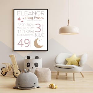 Tabela de estatísticas de nascimento de lua e estrelas • Impressão personalizada de nome de bebê • Arte de parede de berçário em tons quentes • Presente digital personalizado para bebê • Pôster para impressão