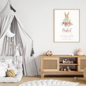 Tabella delle statistiche di nascita del coniglietto • Stampa personalizzata del nome del bambino • Arte murale minimalista per la cameretta del bambino • Regalo personalizzato per neonati • Poster scaricabile digitalmente