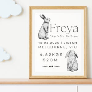 Tabella delle statistiche di nascita del coniglietto minimale • Stampa personalizzata del nome del bambino • Arte murale per la cameretta dei bambini con contorno nero • Download digitale • Regalo per neonati • Poster personalizzato