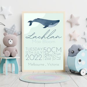 Whale Birth Stats Chart • Custom Baby Name Print • Ocean Nursery Wall Art • Personalised Newborn Gift • Digital Download Poster