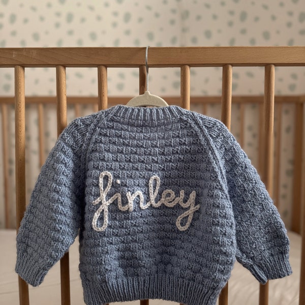 6-12 Month Hand Knitted Personalised Name Cardigan