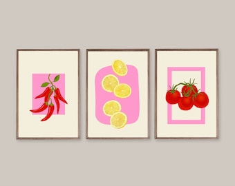Set of 3 Prints, Lemon Print Set, Chilli Print, Wall Art Print, Wall Art Print Set, Printable Wall Decor,Kitchen Art Print,Kitchen Print Set