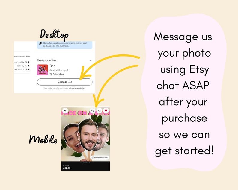 May include: A graphic showing how to send a photo to a seller on Etsy after purchasing a custom product. The graphic shows a desktop computer screen and a mobile phone screen. The text on the graphic says "Message us your photo using Etsy chat ASAP after your purchase so we can get started!"