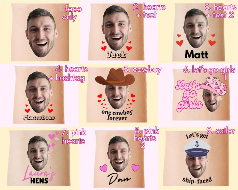 Face Tattoos, Hens Party Tattoos, Bachelorette Party Tattoos, Groom Face Tattoos, Hens Party Face Tattoos, Temporary Tattoos, Custom Tattoos image 2