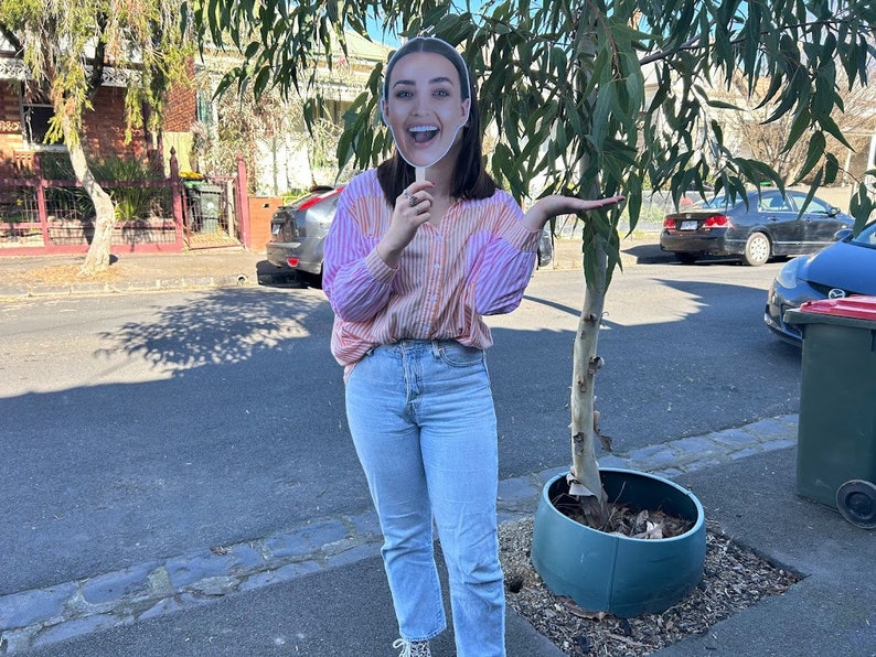 May include: A person holding a cardboard cutout of a woman's face in front of their own face. The cutout has a pink and white striped shirt and a big smile. The person is standing on a sidewalk in front of a tree.