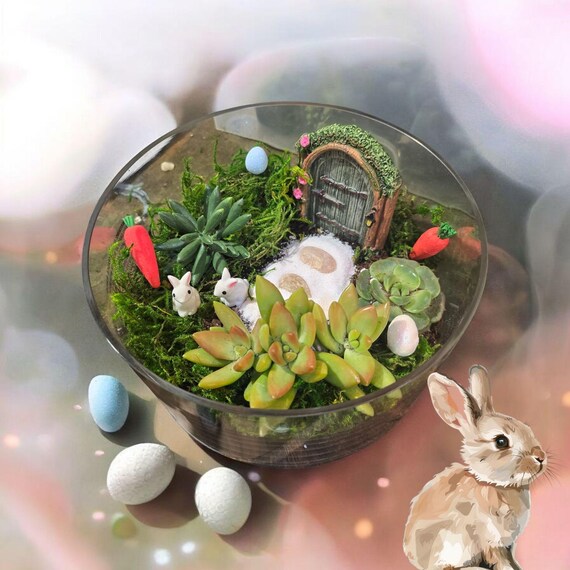 Terrarium/fairy Garden Kit/鳥の巣付き+3本の植物-Jmbambooから自分だけの生きたTerrariumを作る Bunny Garden - Easter Fairy Garden Terrarium With Succulents-kit