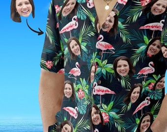 Herren-Hawaii-Hemd mit Allover-Print und Gesicht, Flamingo-Hemden mit individuellem Foto, Junggesellenabschieds-Hemden, Junggesellenabschieds-Hemden, Damen- und Kinder-Hemden