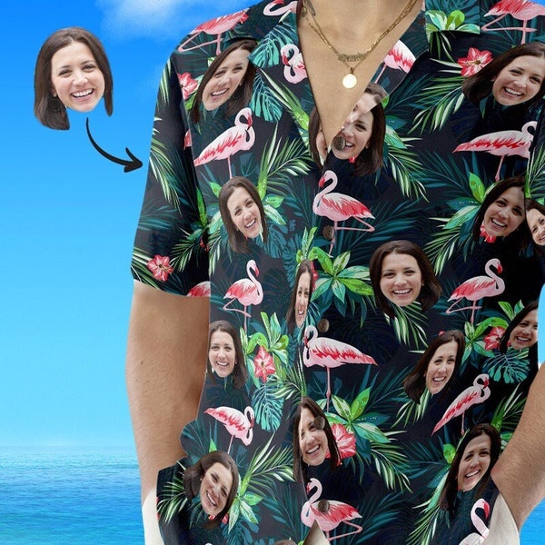 Herren-Hawaii-Hemd mit Allover-Print und Gesicht, Flamingo-Hemden mit individuellem Foto, Junggesellenabschieds-Hemden, Junggesellenabschieds-Hemden, Damen- und Kinder-Hemden