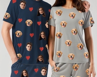 Pijamas de cara personalizados usando foto humana cara de perro PJs cara de gato pijama conjunto personalizado mascota perro foto pijamas mujeres hombres pijama de manga corta