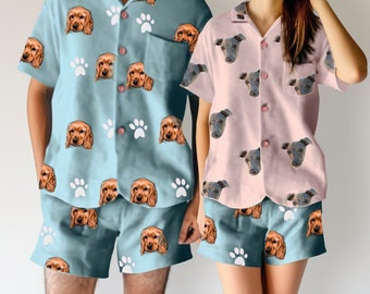 Custom Face Pajamas Using Human Photo Dog Face PJs Cat Face Pajama Set Personalized Pet Dog Photo Pajamas Women Men Short Sleeve Pajama