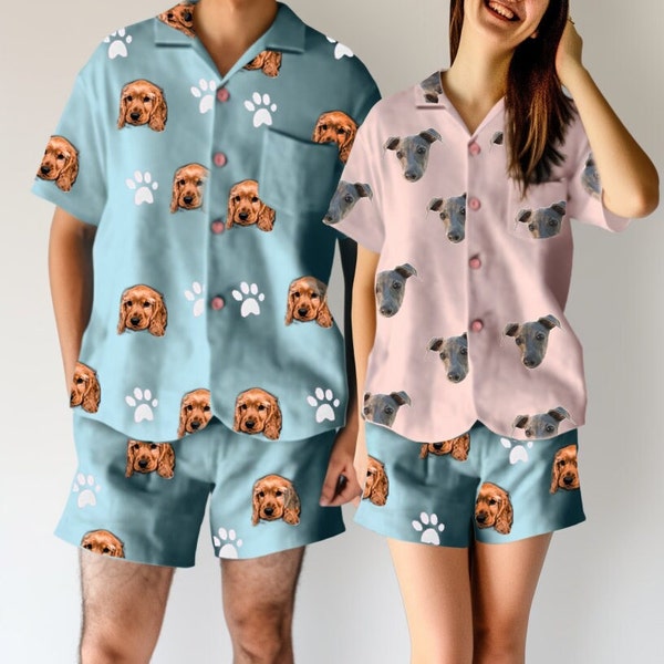 Custom Face Pajamas Using Human Photo Dog Face PJs Cat Face Pajama Set Personalized Pet Dog Photo Pajamas Women Men Short Sleeve Pajama