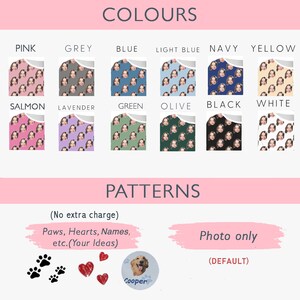 Pu&ograve; includere: Un grafico che mostra diverse opzioni di colore e motivo per un ritratto personalizzato di un animale domestico. I colori includono rosa, grigio, blu, azzurro, blu navy, giallo, salmone, lavanda, verde, oliva, nero e bianco. I motivi includono zampe, cuori, nomi e solo foto.