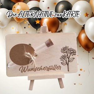 Geldgeschenk aus Holz mit Reagenzglas Wunscherfüller Geburtstag Hochzeit Wunschtext