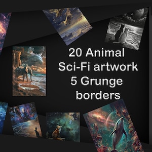 May include: A collage of 20 digital illustrations featuring animals in a sci-fi setting. The images are surrounded by 5 grunge borders. The text "20 Animal Sci-Fi artwork 5 Grunge borders" is displayed in the centre of the collage.