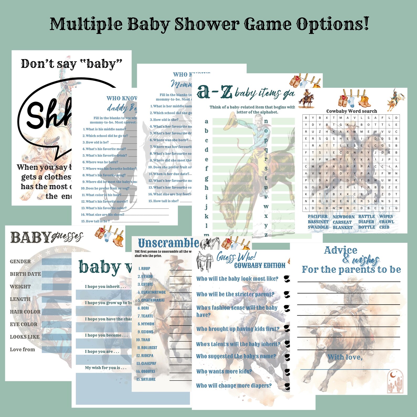 Cowboy Baby Shower Games Bundle Cowgirl Baby Shower Games