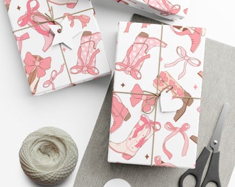 cowgirl Gift Wrap, western girl wrapping paper, cowgirl wrapping paper, cowgirl birthday party, pink cowboy boot wrapping paper with bows