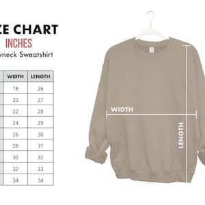 May include: Size chart for a crewneck sweatshirt in inches. The chart shows the width and length measurements for sizes XS to 5XL.
